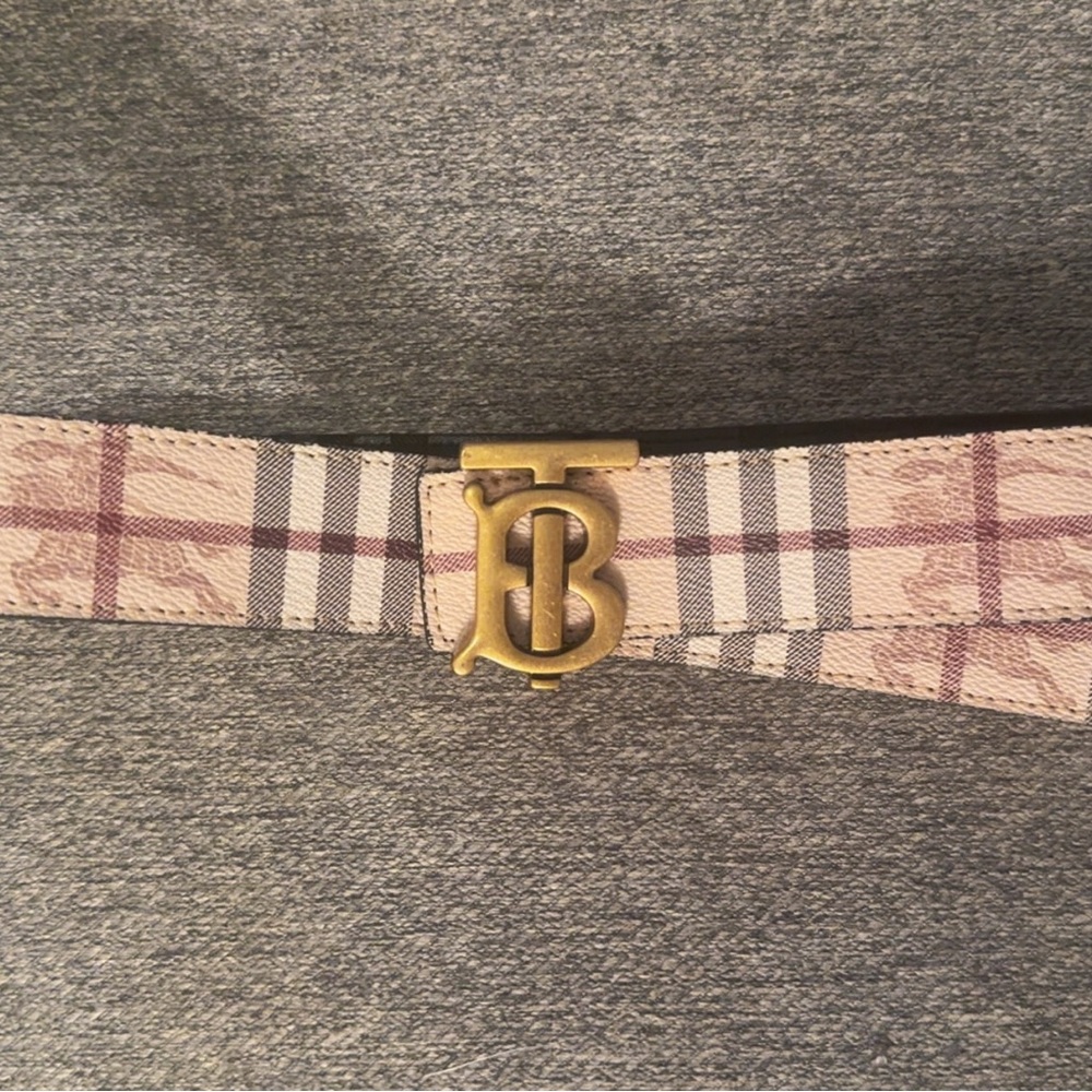 Burberry Beige Plaid Belt with Brass Buckle